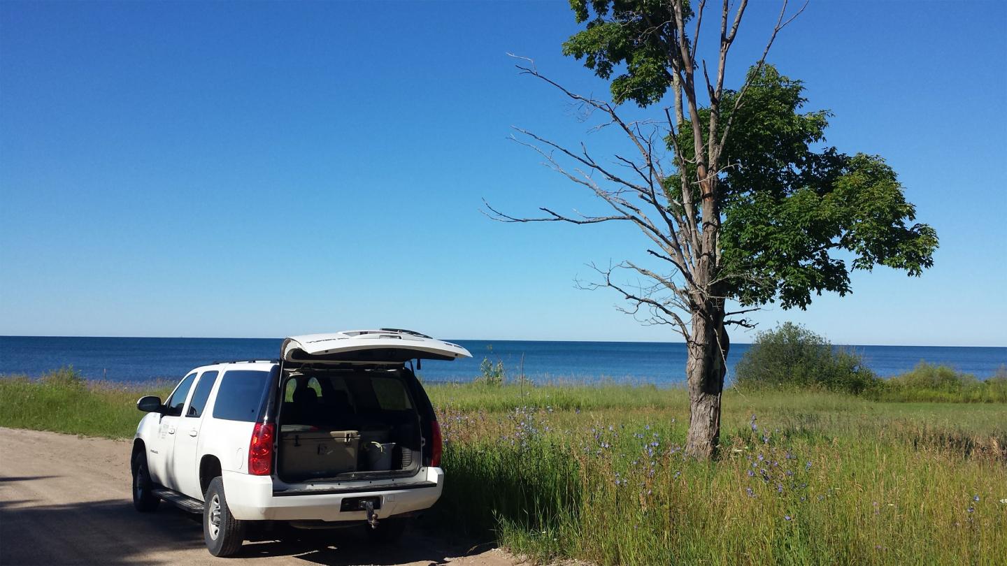 Stopping to enjoy the view after sampling a small, unnamed tributary of Lake Michigan.