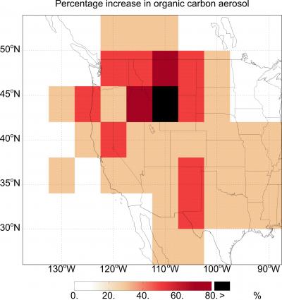 Percentage Increase in Organic Carbon Aerosol at the Surface over the West