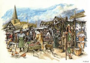 An illustration of the market place in medieval Cambridge