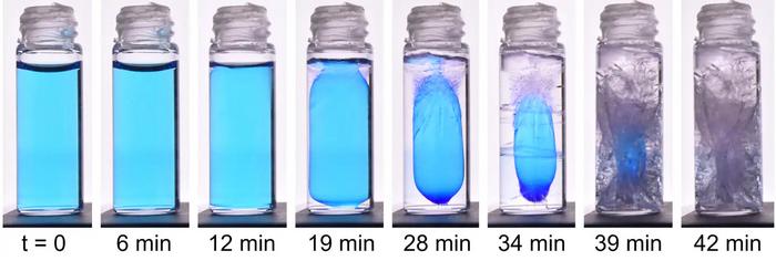 A series of photos showing how a sample of blue-dyed water freezes