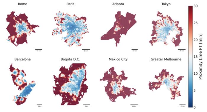 Local accessibility measured in different cities