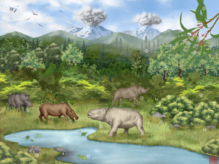 Paleoenvironmental artistic restoration scene for the middle-late Eocene Relu Basin in eastern Tibet.