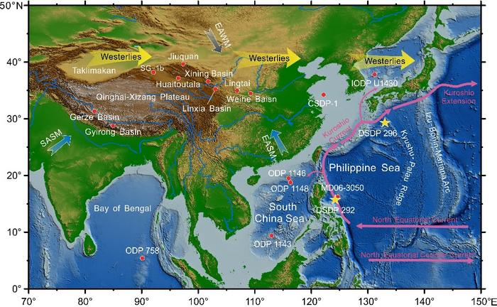 图1 亚洲海-陆分布及研究站位图