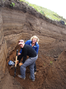 Dan Rasmussen, Peter Buck Fellow at the Smithsonian’s National Museum of Natural History, and Terry Plank, volcanologist at Columbia University’s Lamont-Doherty Earth Observatory, collect samples of volcanic ash from a narrow ravine created by a small stream on the flank of Cleveland Volcano in 2016.