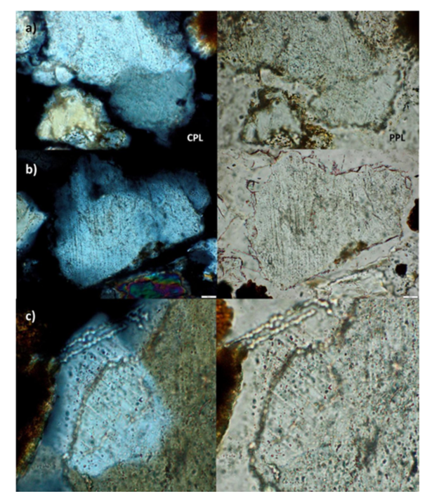 Thin sections showing deformations in three quartz grains, produced by shock effects