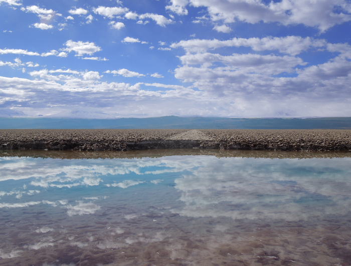 An abandoned road and brine Transitional Pool at the margin of the Salar de Atacama Halite Nucleus