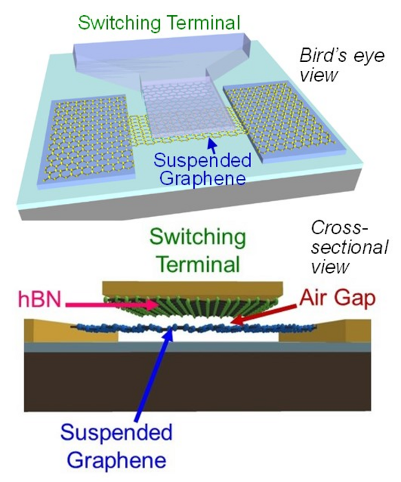 Figure1_Schematic diagrams of the suspended graphene-hBN contact NEMS switch.