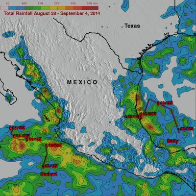 Estimated Rainfall for Tropical Storms Norbert and Dolly from Aug. 28 to Sept. 4