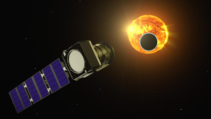 An artist's concept showing the Pandora space telescope observing an exoplanet transiting in front of its star.