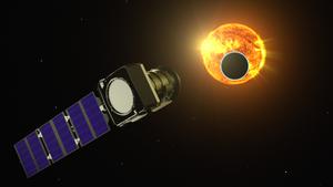 An artist's concept showing the Pandora space telescope observing an exoplanet transiting in front of its star.