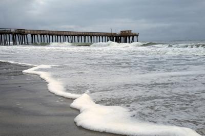 Stormy Seas Crash into a Pier Along the Northeast US Coast