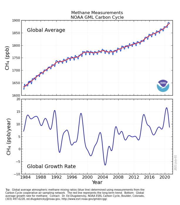 Atmospheric methane concentration over the past decades