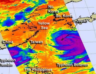 NASA's Aqua Satellite Captured This Infrared Image of Typhoons Tembin and Bolaven