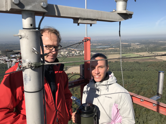 NTU SCELSE Prof Stephan Schuster and Dr Daniela Moses at the top of the 200-metre-high meteorological tower in Germany