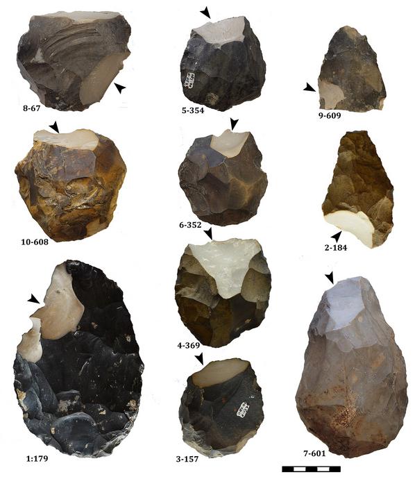 Handaxes from Gesher Benot Ya'aqov tested geochemically. Arrows indicate the striking of flakes sampled.