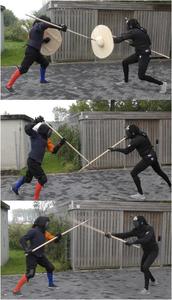 Experiment with experienced fighters who spar freely using different styles. From top to bottom: one-handed spear and shield, two-handed spear with binding, two-handed spear strike