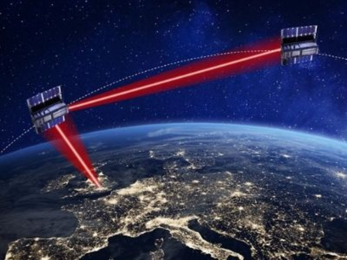 Artists impression of laser-based communication between satellites