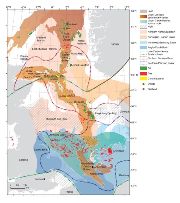 Tectonic units and discovered oil and gas resource distribution in the North Sea Basin, modified from Patruno et al. (2022).