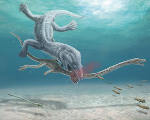 Artistic rendition of the decapitation scene of Tanystropheus hydroides