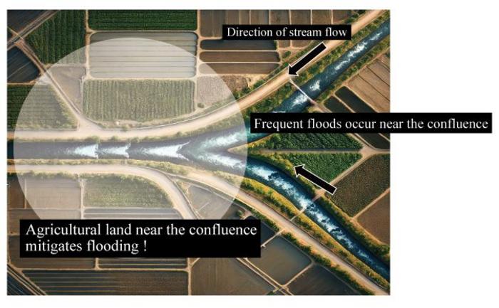 Illustration of flood mitigation at river meeting points.
