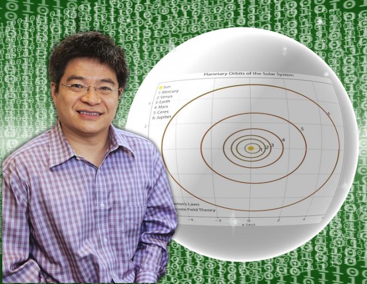 PPPL physicist Hong Qin in front of images of planetary orbits and computer code