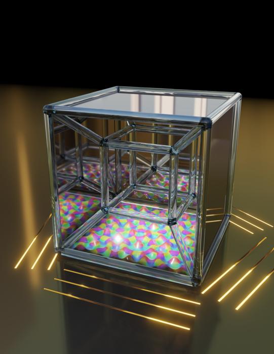 A tesseract (a four-dimensional cube) and the "shadow" it casts on a plane—the quasicrystal discovered by Shechtman