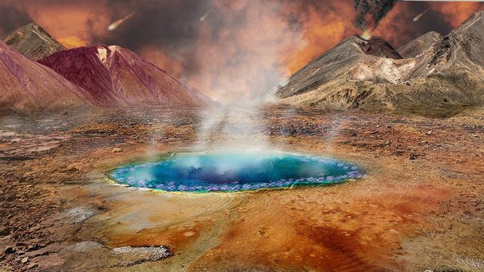 Figure 1: Conceptual illustration of terrestrial hot springs on early Earth