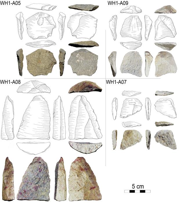 Orthographic drawings and photogrammetric renders of lithic artefacts WH1-A05, A07, A08, A09