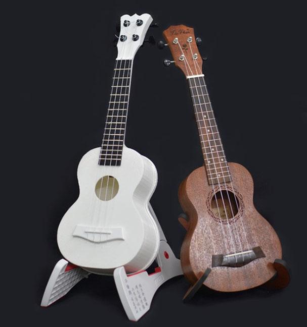 Comparison of a 3D-Printed Ukulele (Left) and a Standard Wooden Instrument (Right)