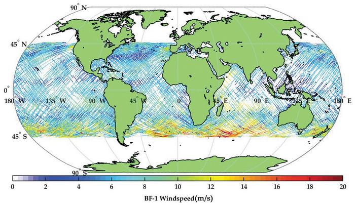 Distributions of BF-1 derived sea surface wind speed on a global scale.