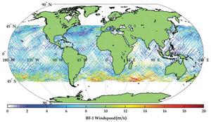 Distributions of BF-1 derived sea surface wind speed on a global scale.