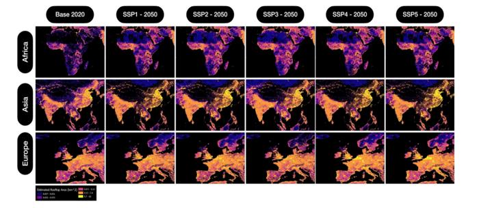 Global rooftop area layer results for different regions