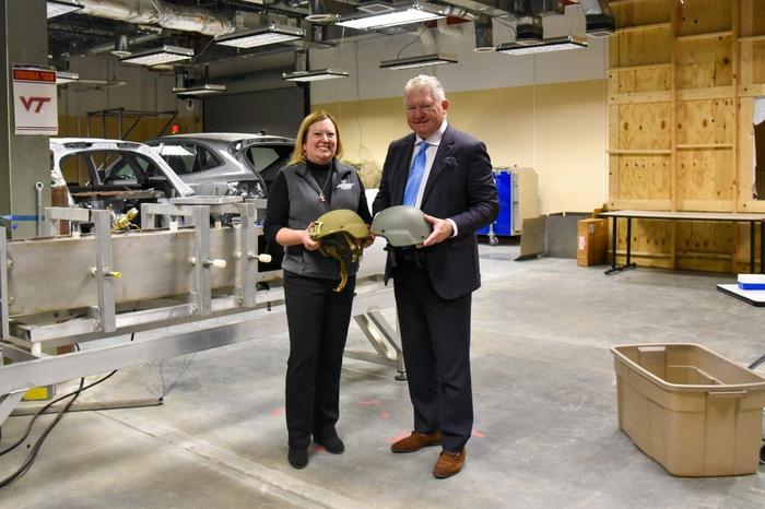 (From left) Researchers Pamela VandeVord and Gunnar Brolinson at the Virginia Tech Center for Injury Biomechanics Blast Facility, home of their research project.