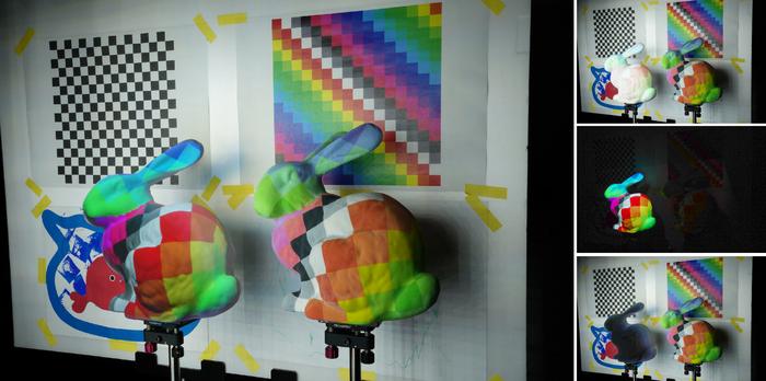 The high-contrast projection mapping achieved by the proposed method, even under ambient light conditions