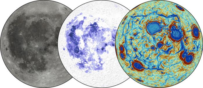 Three views of the moon's nearside: the familiar sight from Earth (left), regions covered by titanium-rich volcanic flows (center) and polygonal pattern of gravity anomalies (righO