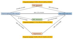 This graphic show mediation MR analysis to investigate how LDL cholesterol, HDL cholesterol, and hypertension mediate the effect of GERD on myocardial infarction.