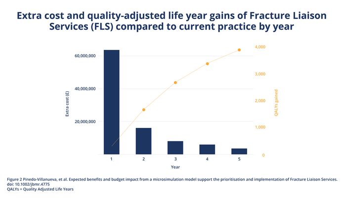 Extra cost and quality of life year gains of Fracture Liaison Services (FLS) compared to current practice by year