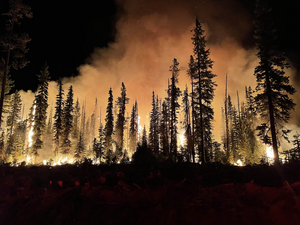 Lick Fire on the Umatilla National Forest burning at night