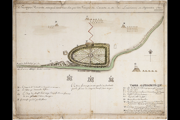 Image of a Meskwaki fort at the site of a climactic battle in 1730 during the Fox Wars, at the present-day location of the village of Arrowsmith in McLean County.