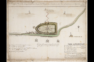 Image of a Meskwaki fort at the site of a climactic battle in 1730 during the Fox Wars, at the present-day location of the village of Arrowsmith in McLean County.