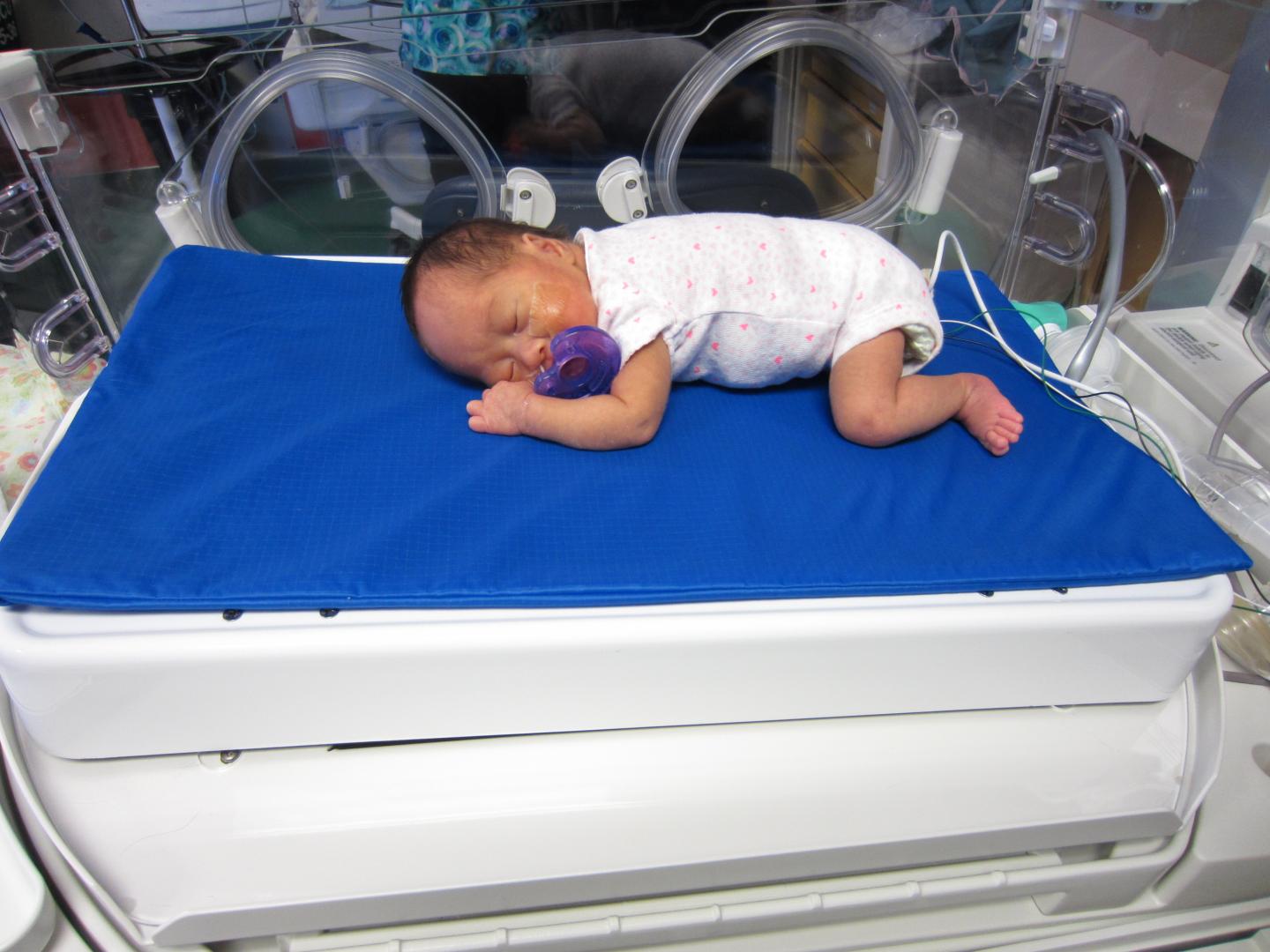 Premature baby resting on Calmer in the NICU at BC Children's Hospital.