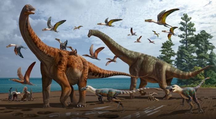 Artistic rendering of the palaeoecology of the Hami Pterosaur Fauna, with Silutitan sinensis on the left and Hamititan xinjiangensis on the right