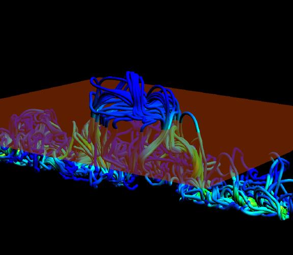 Simulation of twisted magnetic field lines emerging through the photosphere, the visible surface of the Sun.