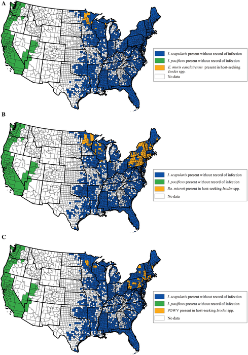 Reported county-level distribution of Ehrlichia muris eauclairensis, Babesia microti, and Powassan virus