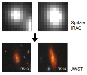 Red spiral galaxies, RS13 and RS14, captured at unprecedented resolution by the JWST.