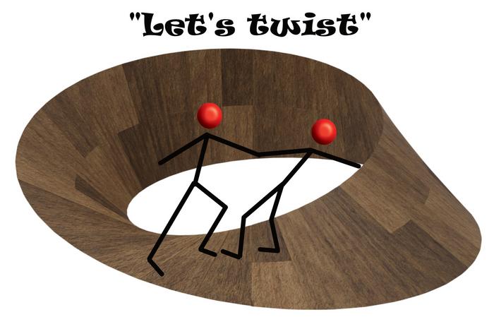 Two photons (as stick figures) dance on a Möbius strip. Their joint movement along this twisted dance floor is the result of quantum interference. Classically, each of the two photons would go their own way on a plane field