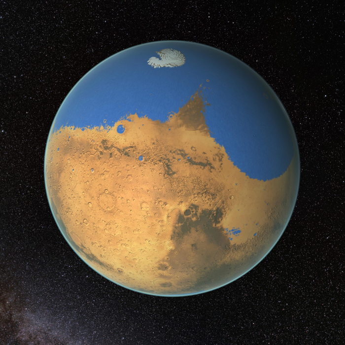 Illustration of Mars 4.5 million years ago showing a vast ocean in the northern hemisphere.