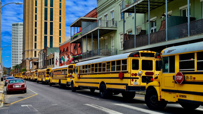 A photo taken during Dr Duggan and Dr Andrews' research in New Orleans: School buses carrying Mardi Gras krewes in New Orleans (2022). Photo credit: Dr Patrick Duggan