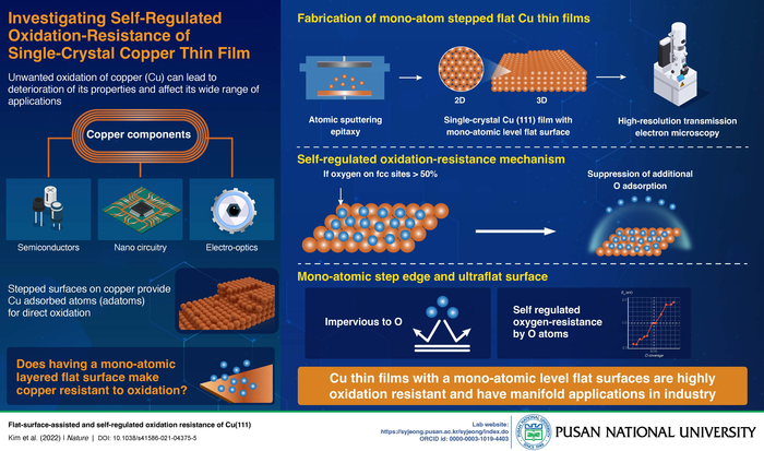 Scientists have developed an atomically flat, single-crystal copper thin film with semi-permanent oxidation-resistance