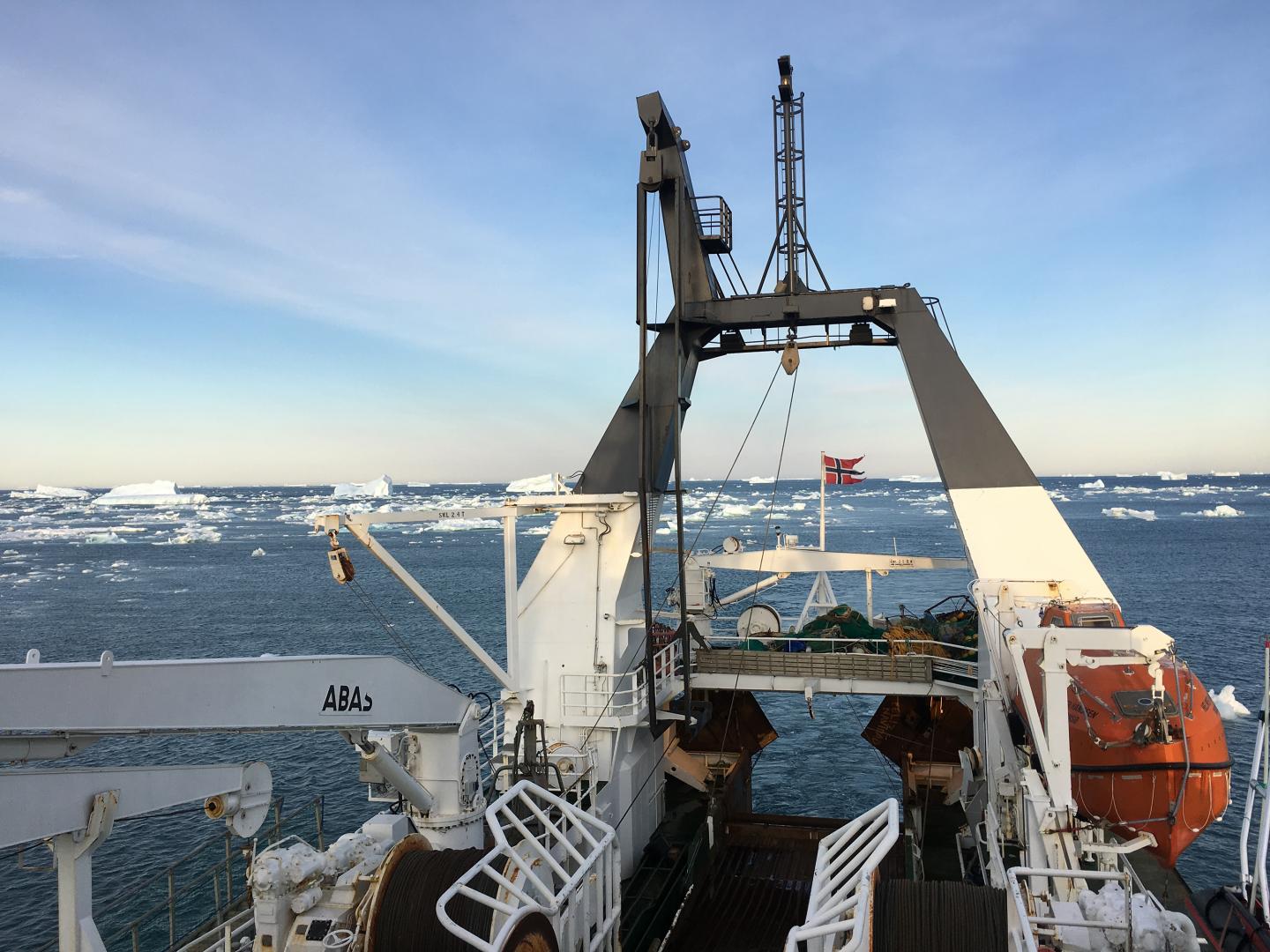 Research vessel Helmer Hanssen, conducting Nordic collaborative ocean science on the northeast Greenland coast.